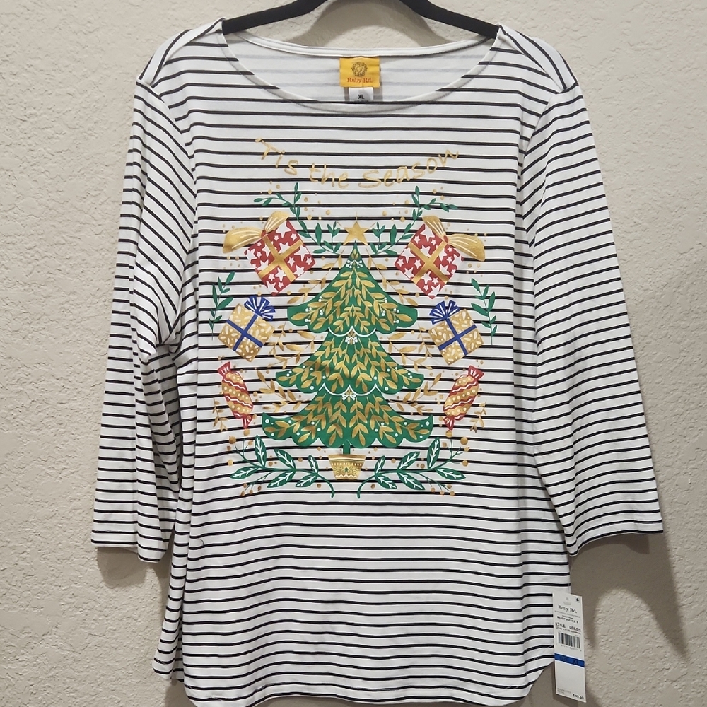 Ruby Rd. Festive Tree Long Sleeve Top - Black, White, Green, Gold